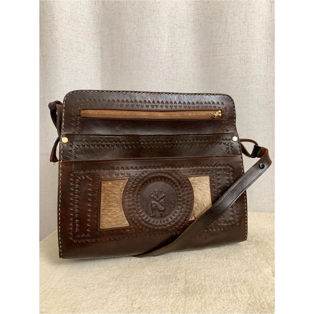 Handtooled Dark Brown Leather Satchel with Embossed Medallion Calf hair Panels
